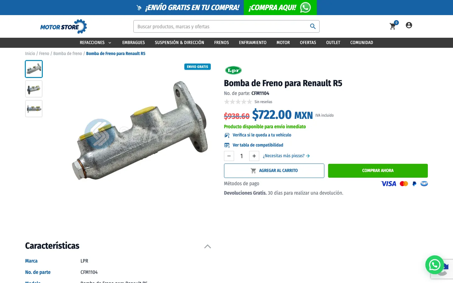 Ficha de producto con número de parte y compatibilidad